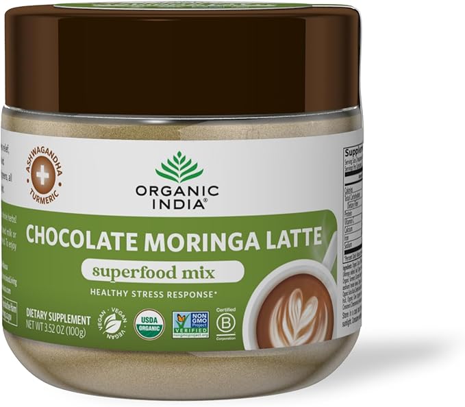 Organic India Chocolate Moringa Latte Powder - Superfood Mix Moringa Leaf Tea With Ashwagandha and Turmeric Dietary Supplement Stress Support Rich Cocoa Caffeine Free - 3.52 Oz