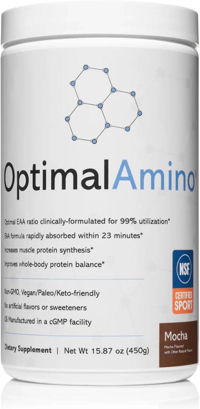 OptimalAmino Amino Acid Powder | 99% Utilized Essential Amino Acid (EAA) Supplement | Pre/Post Workout &amp Muscle Recovery | NSF for Sport Certified | Mocha Flavor