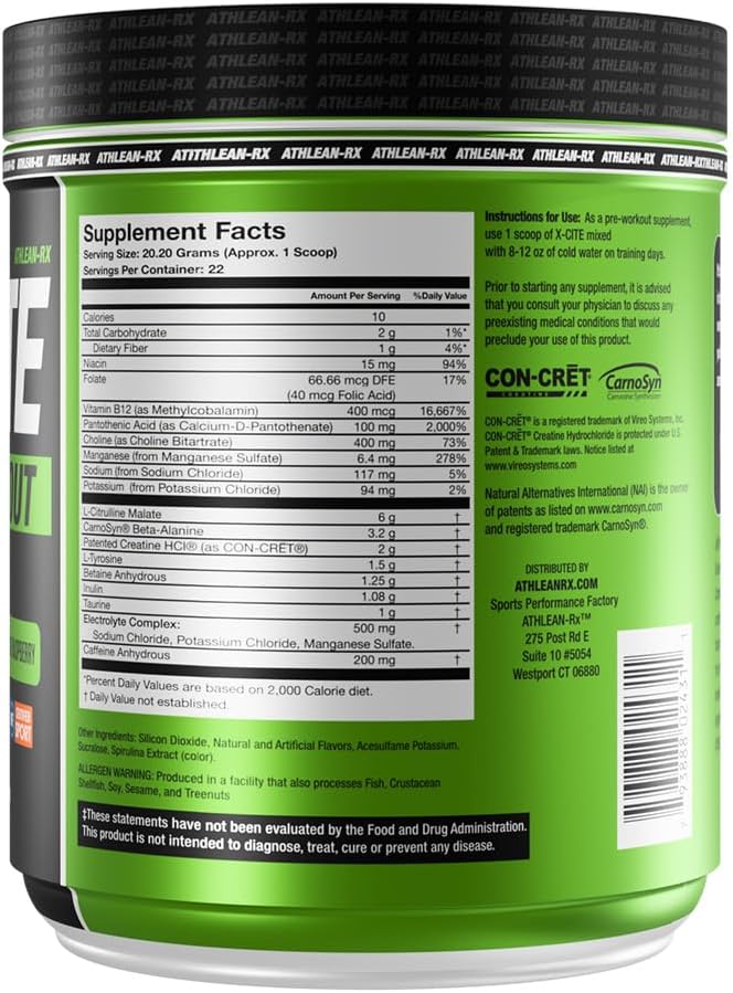 X-CITE Pre-Workout by ATHLEAN-X - Enhanced Formula with Beta-Alanine Creatine &amp Caffeine for Ultimate Energy Endurance Focus &amp Muscle Pump NSF Certified for Sports (Sour Blue Raspberry)