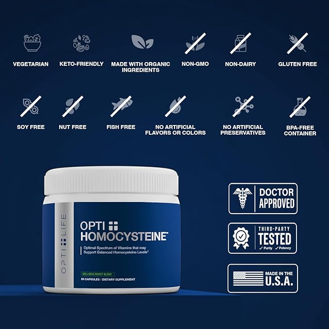 Opti + Homocysteine Capsules | Daily Brain and Heart Health Supplements* | Brain Supplement with Methylcobalamin &amp Methylfolate | 60 capsules/30 Servings