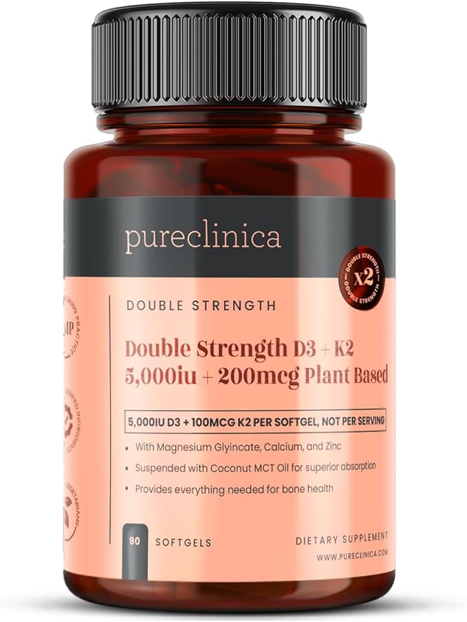 pureclinica Double Strength D3 + K2 Complex x 90 Vegan Softgels – 5000 IU D3 + 100mcg K2 with Magnesium Calcium &amp Zinc – 3 Months Supply