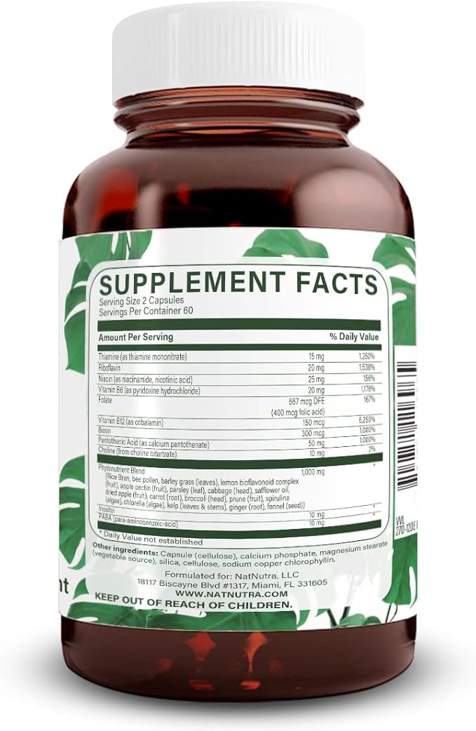 Natural Nutra Vitamin B Complex with Niacin Folate Thiamin Biotin Supports Nervous System Health Promotes Metabolism Skin Eyes and Hair Health Whole Food Supplement 120 Vegetarian Capsules