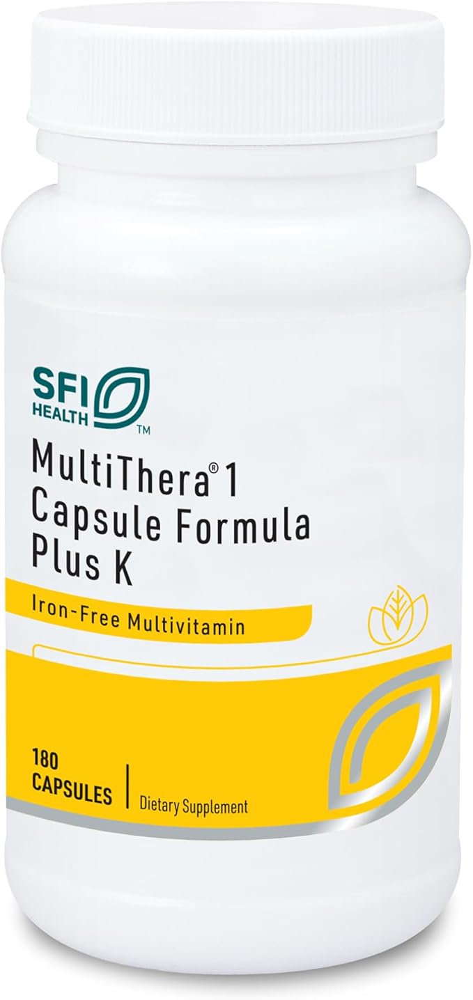 Klaire Labs SFI Health MultiThera 1 Plus K Iron-Free Multivitamin &amp Multimineral Capsule Formula with Vitamin K1 &amp K2 - High Potency with Active Folate No Iron (180 Capsules)