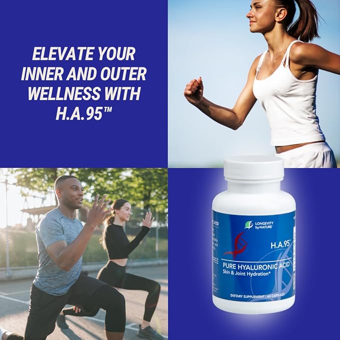 Longevity by Nature H.A.95 Hyaluronic Acid Supplements Antioxidant Skin Hydration Eye Joint Natural Rooster Comb 60 Capsules
