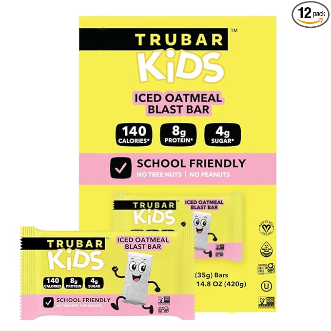 TRUBAR Kids Protein Bars Iced Oatmeal Blast Plant Based Protein Gluten Free School-Friendly Snacks for Lunchboxes Tree Nut and Peanut Free Low Sugar Healthy On the Go Snack Bars 12 Count