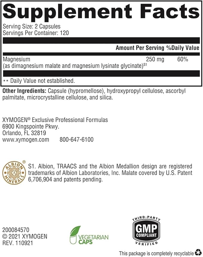 XYMOGEN OptiMag 125 - Magnesium Supplement with Di-Magnesium Malate &amp Glycinate Lysinate to Support Nerve Muscle Bone Health + Heart Health (240 Capsules)
