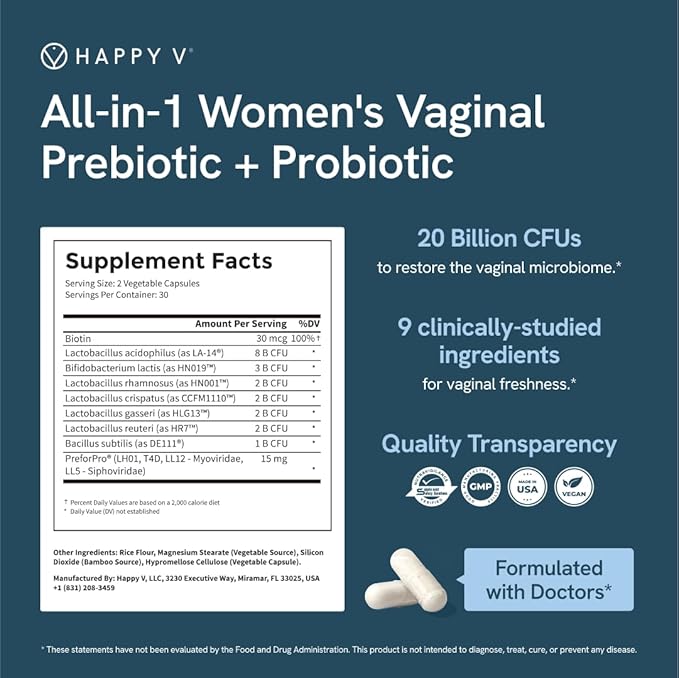 Happy V Dr. Formulated Vaginal Probiotics for Women Odor &amp Itch Support Urinary &amp Gut Health pH Balance | Womens Daily Probiotic with Patented Prebiotics &amp Lactobacillus for Feminine Wel