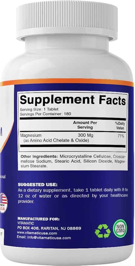 Vitamatic Chelated Magnesium 300mg (Per 1 Tablet) - Supports Muscle Nerve and Heart Health - Non-GMO Vegan Gluten Free Dairy Free &amp Made in The USA - 2 Pack