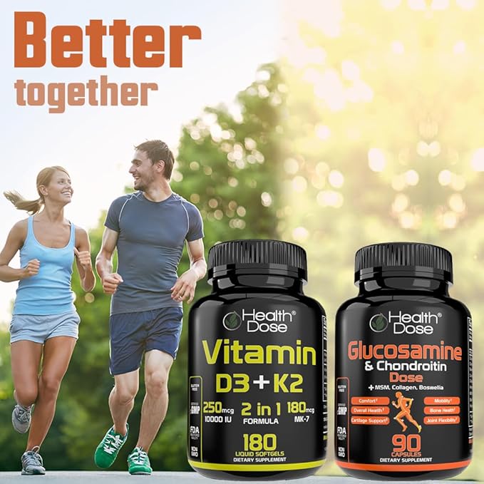Health Dose Vitamin D3 10000 IU + K2 (MK7) Supplement 2-in-1 Formula Immune Support a Healthy Mood Heart Joint Teeth Bone Health Calcium Absorption 180 softgels. (3)