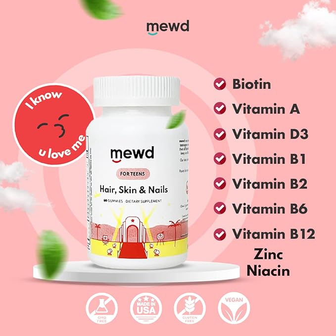 MEWD Teen/Kids Daily Multivitamin Gummy Formula with Natural Mood Enhancer +Hair Skin+Nail Strengther
