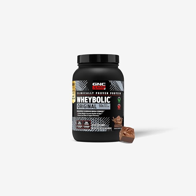GNC AMP Wheybolic Clinically Proven Protein Powder 50g Whey Protein BCAA Leucine Increases Muscle Strength Muscle Building 3rd Party Tested Gluten Free Chocolate Fudge 13 Servings