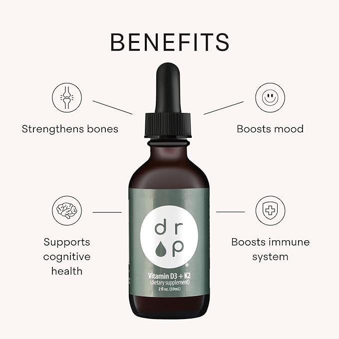 Vitamin D3 + K2 Drops with 1000 IU of Plant Based D3 and 45 mcg of K2 2 oz Liquid Supplement for Bone Strength Improved Mood - No Artificial Preservatives Unflavored with Coconut MCT Oil