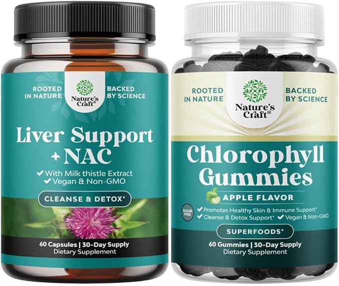 Bundle of Liver Support NAC - N Acetyl Cysteine with Antioxidants Turmeric Choline Dandelion &amp L-Glutathione and Chlorophyll Gummies - Internal Deodorizer for Body Odor Healthy Skin Digestive Supp