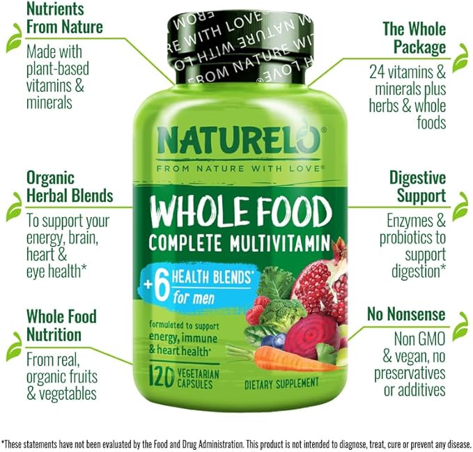 NATURELO Mens Multivitamins - Whole Food Multivitamin for Men with Vitamins Minerals - 120 Vegetarian Capsules for Energy Brain Heart Eye Health*