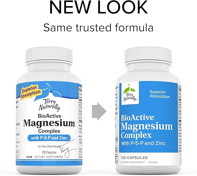 Terry Naturally BioActive Magnesium Complex - Bone &amp Heart Health Support - Supplement with Vitamin B6 Zinc &amp Magnesium - Pyridoxal-5-Phosphate Vegan Capsule Supplement - 120 Capsules (Pack o