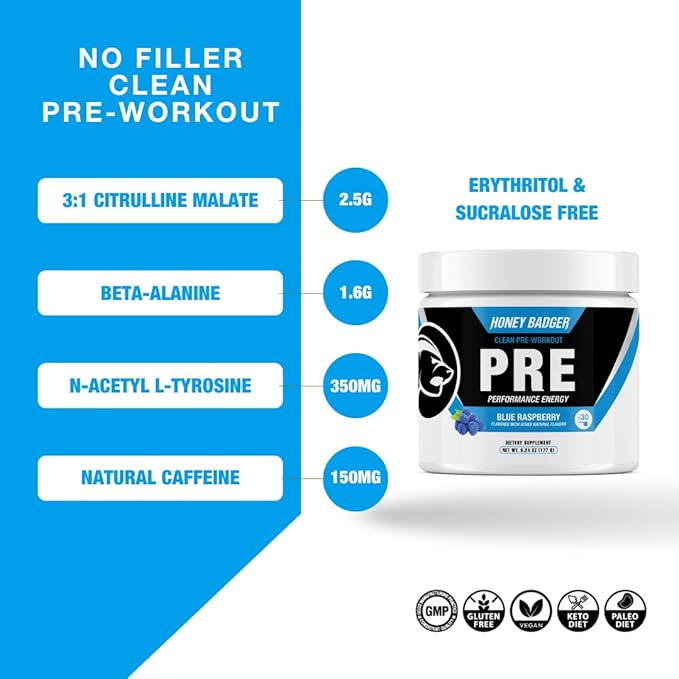 Honey Badger Pre Workout Powder Keto Vegan Preworkout for Men &amp Women Beta Alanine &amp Caffeine Sugar Free Natural Energy Supplement Blue Raspberry 30 Servings