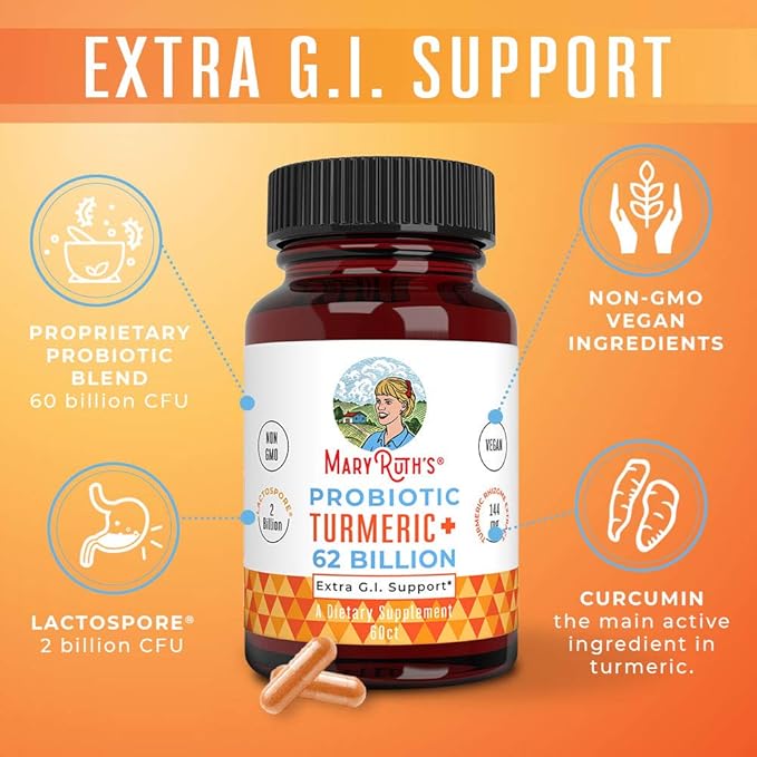 MaryRuth Organics Probiotic Turmeric + Extra GI Support | 62 Billion CFU | Organic Ingredients Turmeric Complex with Probiotics | Turmeric Curcumin Capsules for Digestion | Vegan | 60 Count
