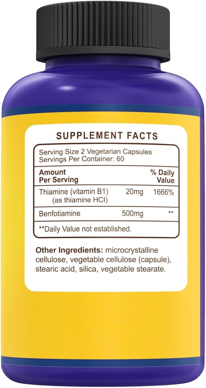 B1 Benfotiamine 500mg per Serving 120 CapsulesFat &amp Water Soluble Vitamin B1 Gluten Free Non-GMO Vegetarian 2 Pack