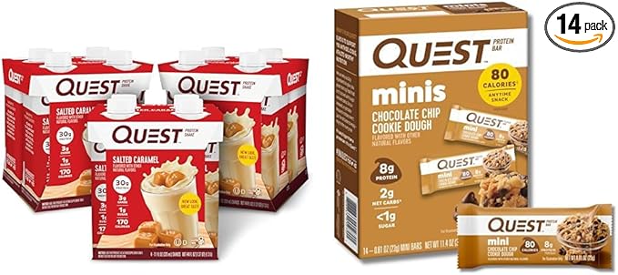 Quest Protein Shake Salted Caramel 4 Count Bundle with Mini Chocolate Chip Cookie Dough Protein Bars 14 Count