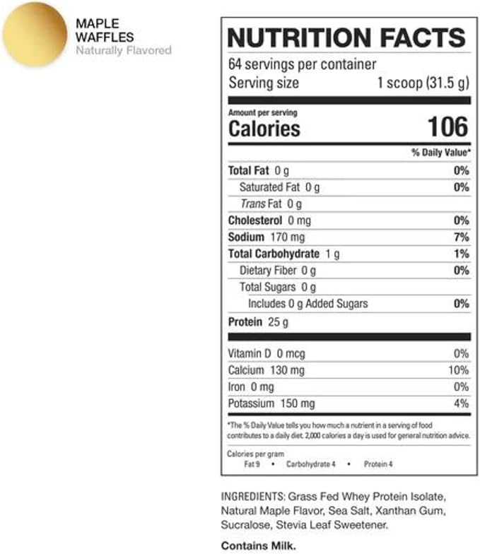 HD MUSCLE ProHD Protein | 100% Grass Fed Whey Isolate | 25g Protein 106 Calories 0g Fat | Zero Fillers or Amino Spiking | 2.1 Pound 30 Servings (Maple Waffles)