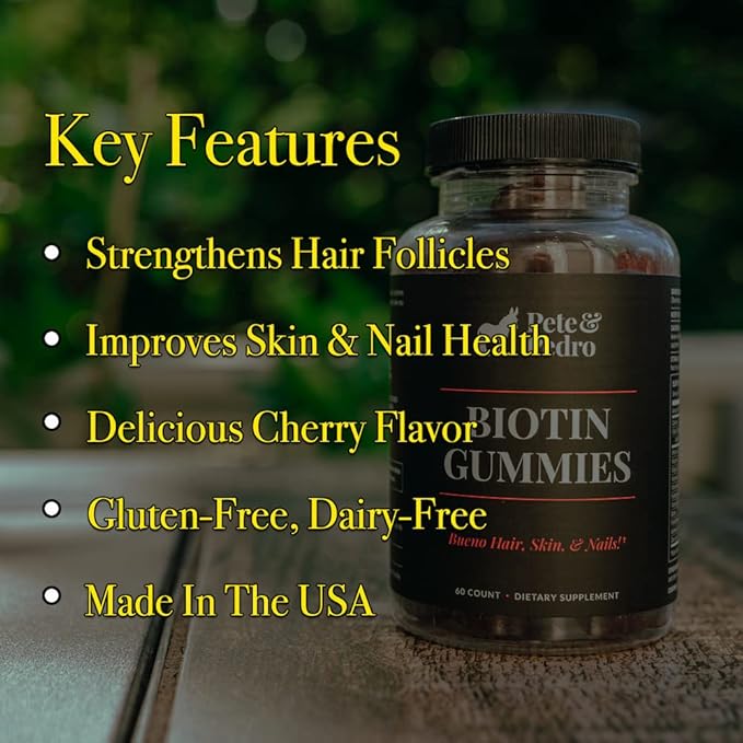 Pete &amp Pedro BIOTIN Gummies for Hair Skin &amp Nails Growth for Women &amp Men |Hair Grow Supplement for Stronger Skin &amp Nails | Cherry Biotin Gummy 5000mcg Per Serving | Seen on Shark Tan