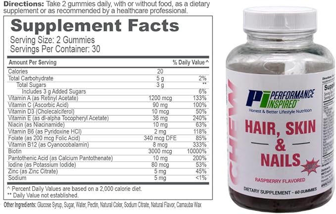 PERFORMANCE INSPIRED Hair Skin &amp Nails Gummies – 3000mcg Biotin 5mg Zinc – Supports Hair Growth Radiant Skin &amp Strong Nails – Raspberry Flavor – 60 Count