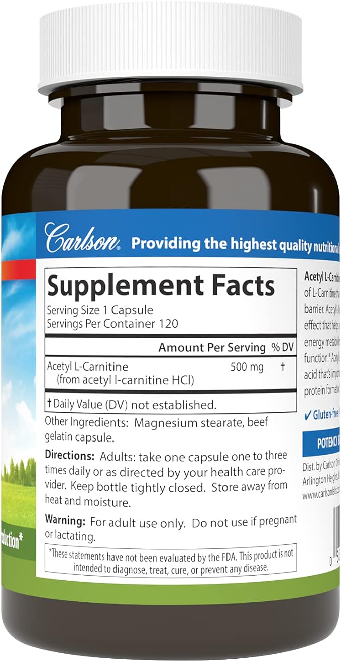 Carlson - Acetyl L-Carnitine 500 mg Cognitive Health Brain Function &amp Energy Production 120 Capsules