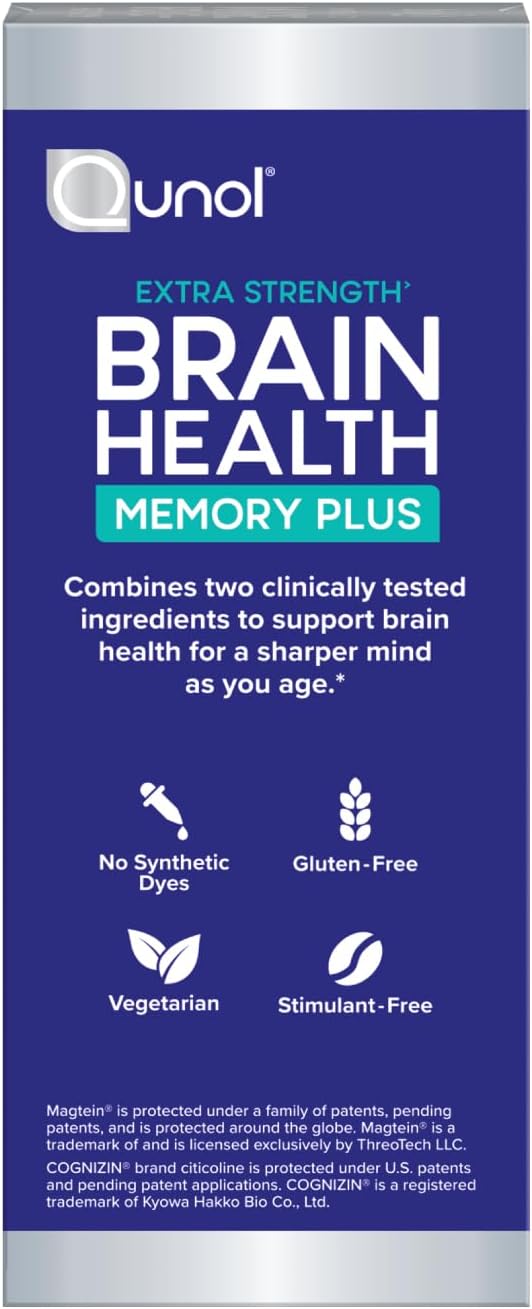 Qunol Brain Health Memory Plus Magnesium L-Threonate &amp Citicoline Clinically Tested Ingredients to Improve Memory Focus Attention and Productivity 60 Count (Pack of 1)