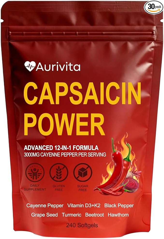 Aurivita Capsaicin Power - Cayenne Pepper Softgels with Vitamin D3+K2 Beetroot &amp Grape Seed Extract Supports Digestive Health 240 Softgels