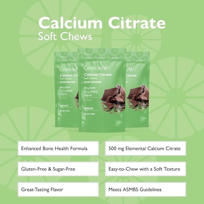 Celebrate Vitamins Bariatric 500mg Calcium Citrate Soft Chews with 500 IU Vitamin D3 – Essential for Gastric Bypass Patients &amp Bone Health - Sugar &amp Gluten Free Chocolate (270 Chews)