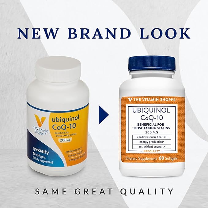 The Vitamin Shoppe Ubiquinol CoQ-10 200mg - Beneficial for Those Taking Statins – Supports Heart &amp Cellular Health and Healthy Energy Production Essential Antioxidant – Once Daily (60 Softgels)
