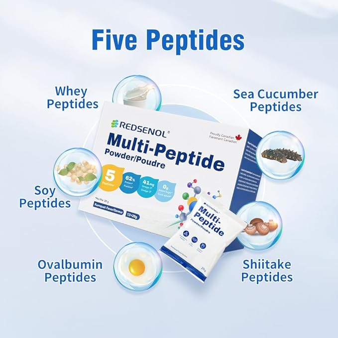 Multi-Peptide Powder 5 Small-Molecule Protein Peptides: Soy Ovalbumin Whey Sea Cucumber and Shiitake Peptides100% Absorption 62% Protein Omega 3 &amp6 Vitamins &amp Minerals (5 Boxes)