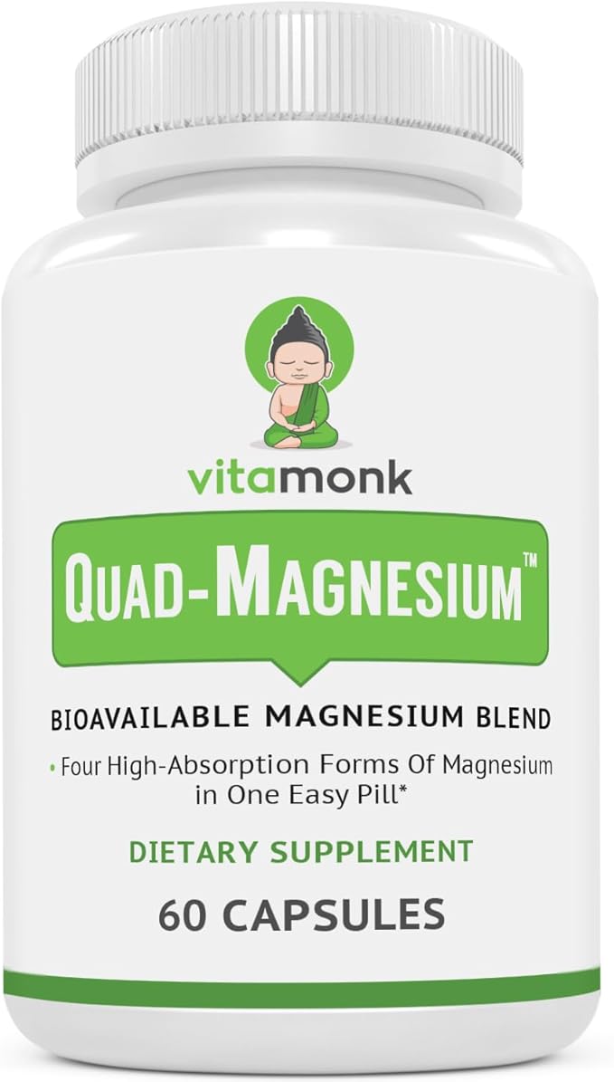 Quad Magnesium Blend by Vitamonk - with Magnesium Orotate Glycinate Chelate Magnesium Taurate and Di- Magnesium Malate - High Absorption Magnesium Complex for Sleep Heart and Mood