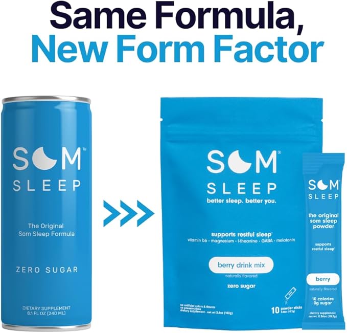 Som Sleep Calm Sleep Nighttime Powder Drink Mix Melatonin 3mg Magnesium Vitamin B6 L-Theanine &amp GABA – Vegan Zero Sugar – Berry 20-Pack