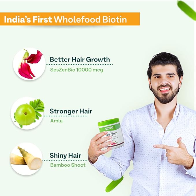 OZiva Plant Based Biotin Powder 10000Mcg+ With Amla For Men &amp Women Better Hair Growth Hairfall Control &amp Healthier Skin Certified Clean &amp Vegan 125 Gm