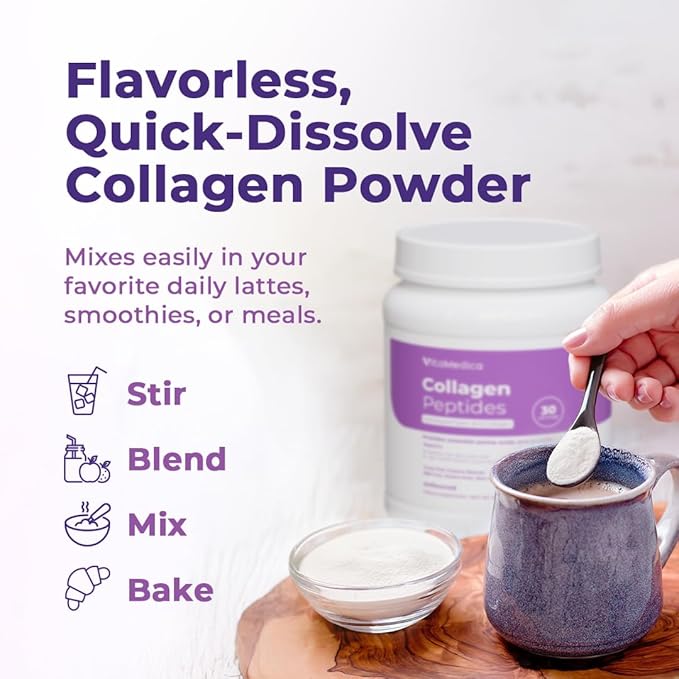 VitaMedica Collagen Peptides Powder for Women &amp Men - Healthy Hair Skin Nails Bones and Joints - Hydrolyzed Types I &amp III Grass-Fed Pasture-Raised Protein Zero Sugar - Pack of 2