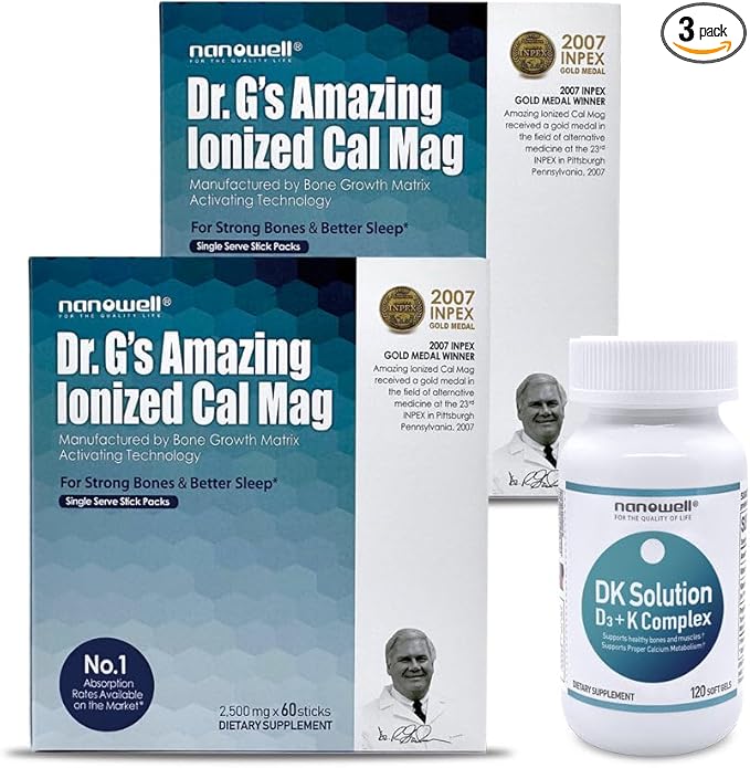 Dr. G's Amazing Ionized Cal Mag - Bone Health Calcium Magnesium Powder Supplement - 60 Sticks x 2 Packs + 1 Bottle of DK Solution