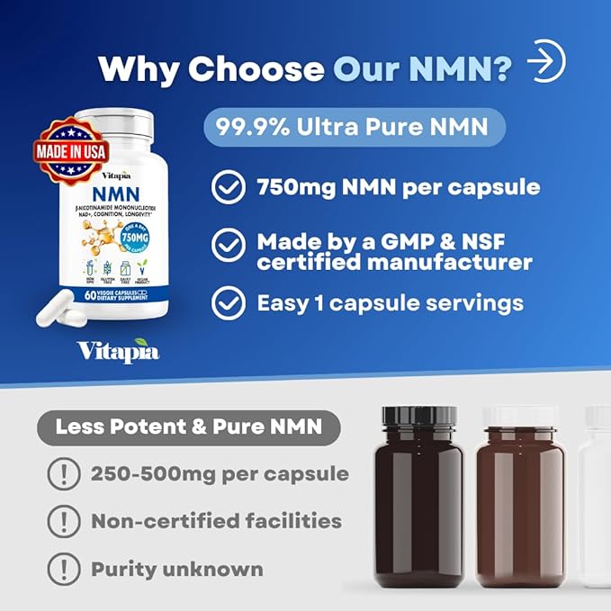 NMN 750mg Per Capsule - 99% Pure Nicotinamide Mononucleotide - Increased NAD+ Mitochondrial Function Healthy Aging Brain Health &amp Energy Support - 60 Capsules Non GMO Gluten Free Supplement