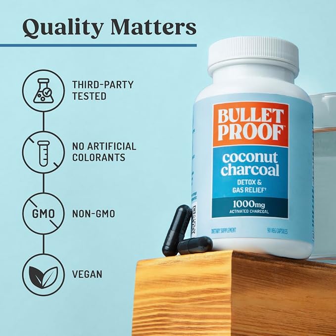 Bulletproof Coconut Charcoal Detox and Gas Relief Capsules 90 Count Sourced from 100% Coconut Shells Activated Charcoal for Bloating Support