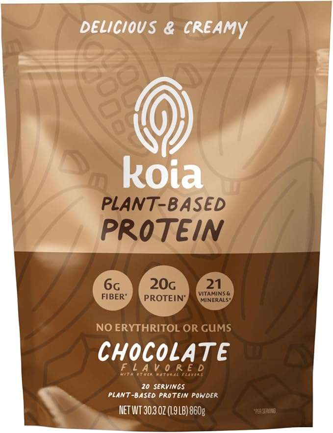 Koia Plant Based Protein Powder Chocolate 20g Protein 3g Sugar 6g Prebiotic Fiber Pre &amp Post Workout 21 Vitamins &amp Minerals No Seed Oils Dairy-Free Gluten-Free Non-GMO 20 Servings