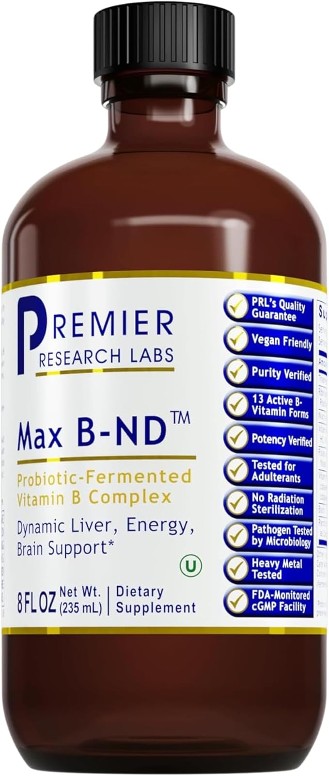 Premier Research Labs Max B-ND - Liquid Vitamin B Complex for Liver &amp Brain Health Sublingual Drops for Men &amp Women with Thiamin B12 &amp B6-8 Fl Oz Bottle