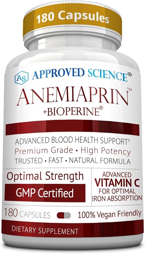 Approved Science Anemiaprin - Absorbable Iron Vitamin C - Gentle On Stomach - 180 Capsules - 3 Month Supply - Non-GMO Vegan