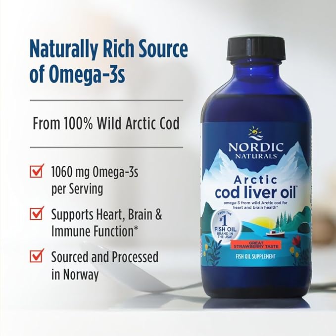 Nordic Naturals Arctic Cod Liver Oil Strawberry - 8 oz - 1060 mg Total Omega-3s with EPA &amp DHA - Heart &amp Brain Health Healthy Immunity Overall Wellness - Non-GMO - 48 Servings