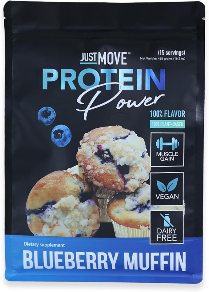 Just Move Protein - Blueberry Muffin - Vegan (Plant Based) Organic Dairy Free Soy Free Gluten Free Keto Peanut Free 20g Protein Low Carb Non GMO (16.5 Oz)