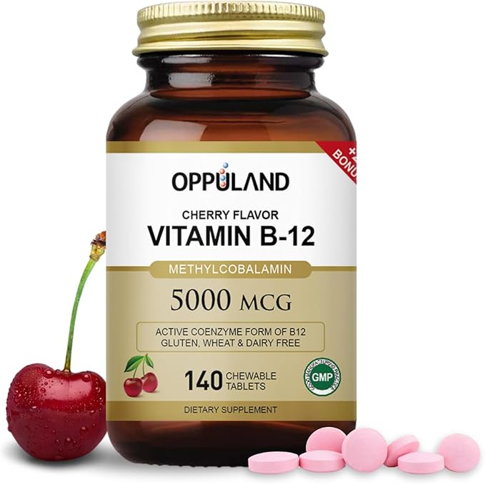 Methyl B-12 5000mcg Chewable with Folate - Vitamin B12 Methylcobalamin Sublingual Tablets - Supports Energy &amp Brain Function - Vegan Supplement - Cherry Flavor - 140 Count