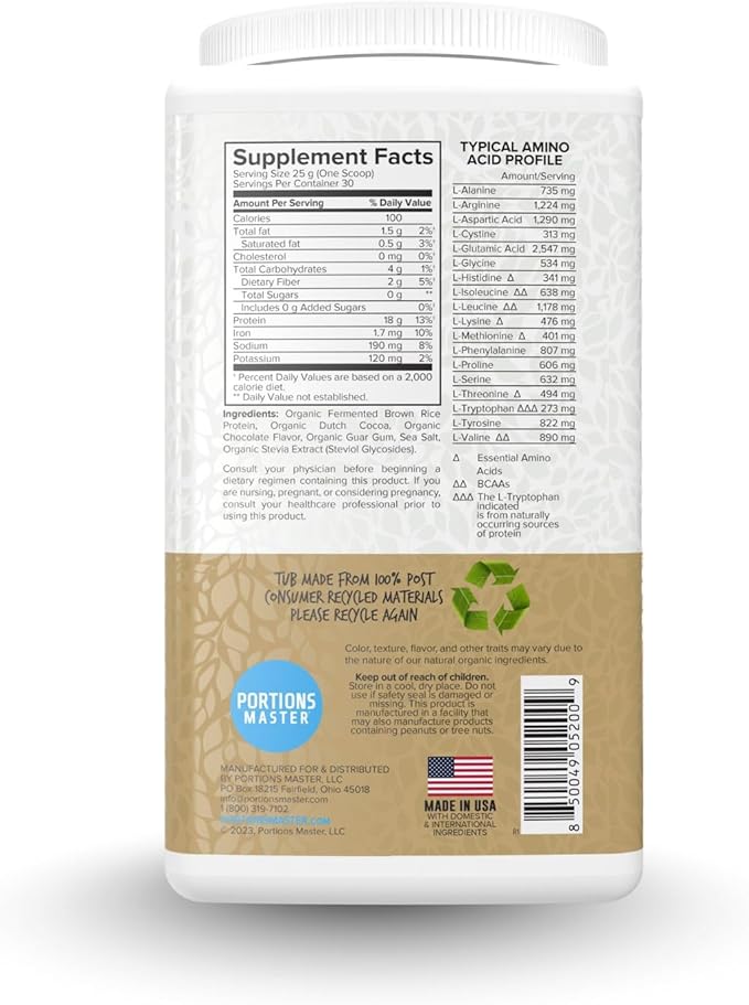 Portions Master Plant Protein Organic Plant Based Protein Powder with Fermented Brown Rice Complete Amino Acid Profile Vegan Non GMO Gluten Free (750g Chocolate)