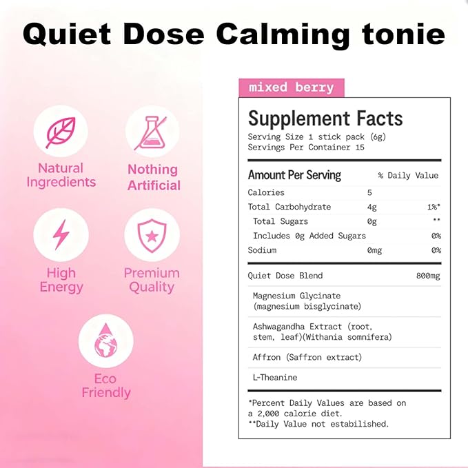 Quiet Dose calm magnesium powder cortisol reducer supplement calming drink powder with Magnesium Glycinate Ashwagandha L-Theanine Vitamin D3 | Vegan Non-GMO Berry Flavor