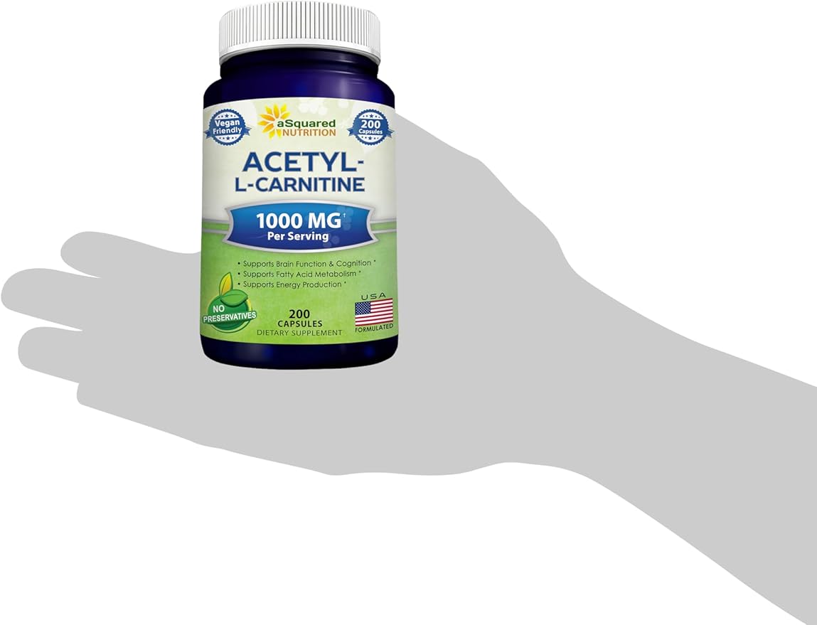 aSquared Nutrition Acetyl L-Carnitine 1000mg Per Serving Max Strength - 200 Veggie Capsules - High Dosage Acetyl L Carnitine HCL (ALCAR) Supplement Pills to Support Pure Energy Brain Function