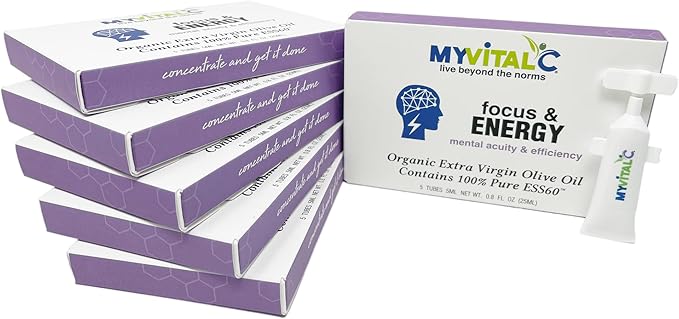 MyVitalC Focus &amp Energy Supplement - Pure ESS60 in Organic Extra Virgin Olive Oil - 30 Day Supply 150 ML - Pack of 6