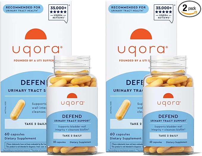 Uqora Defend - Urinary Tract Health Supplement - Support Bladder Health &amp Cleanse Biofilm with D-Mannose Green Tea Extract Turmeric Extract &amp More - Gluten-Free- 60 Capsules- 2 Pack (60-Day